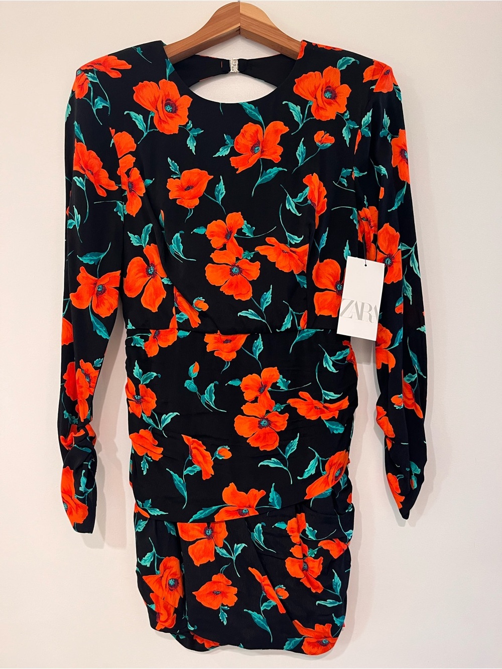 ZARA Black Long-Sleeve Dress with Orange Floral Print